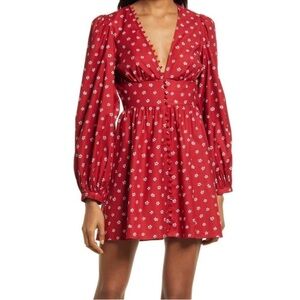 Reformation Caitie Long Puff Sleeve Mini Dress Deep V-Neck Floral Nigella Red 8